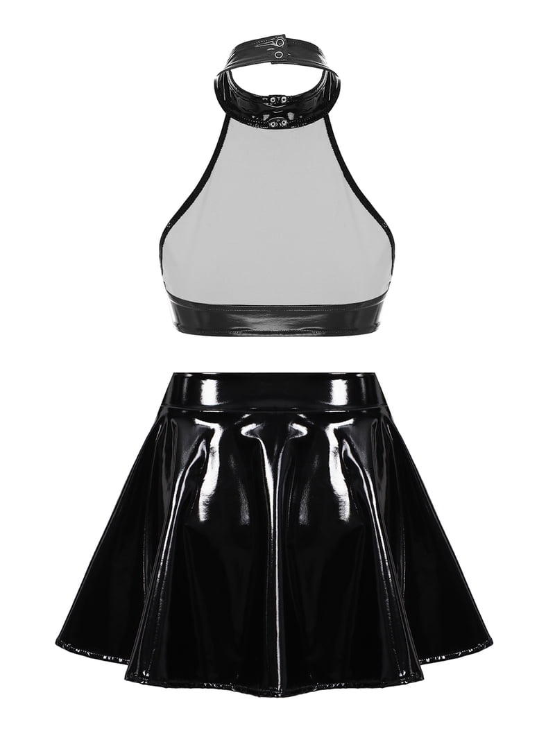 Zaldita Women Two-Piece Latex Halter Crop Top Bralette with High