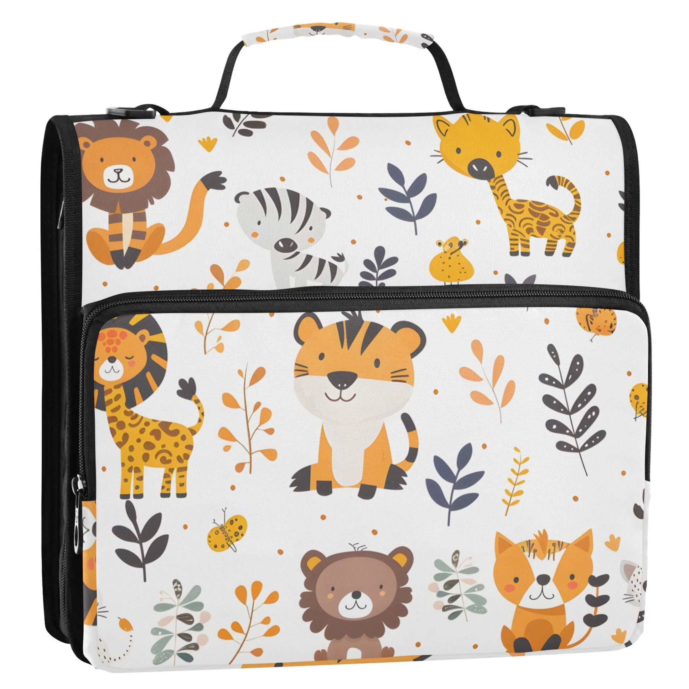 3 Ring Zipper Binder with Shoulder Strap Waterproof Trapper Keeper 2 Inch D-Ring 500 Sheets Capacity Cute Lion Giraffes Leaf Tiger
