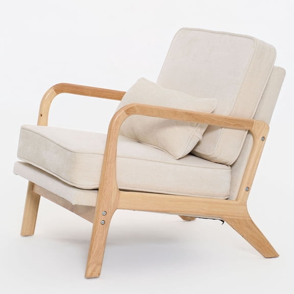 S-HOME Mid-Century Upholstered Accent Chair with Plush Foam Cushion and Curved Wood Armrests for Living Rooms or Bedrooms, Beige