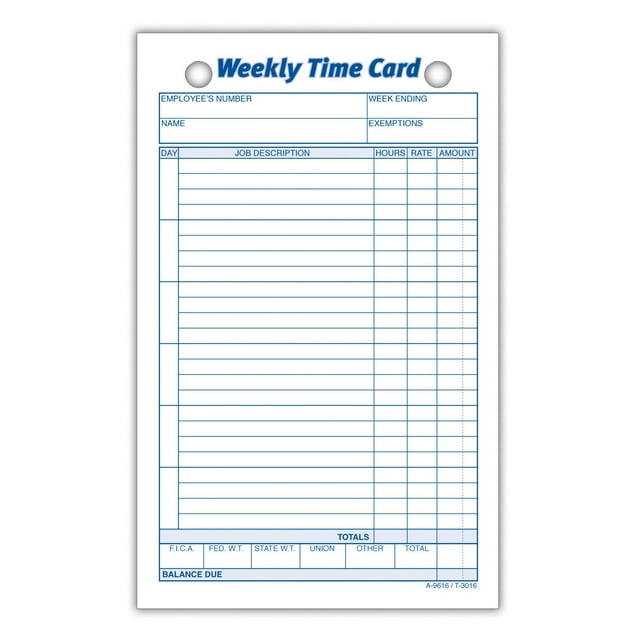 Tarjetas Semanales de Tiempo Adams en Cartulina, 11x17 cm, 1 Cara, Paquete de 100