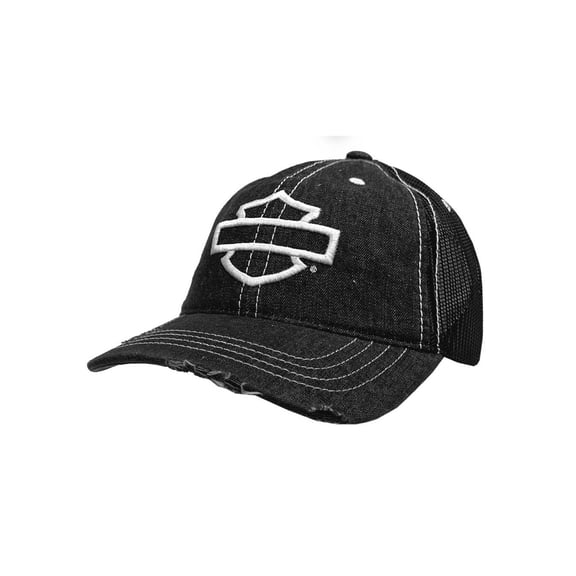 Harley-Davidson Men's Mega Bar & Shield Frayed Mesh Trucker Hat - Black, Harley Davidson