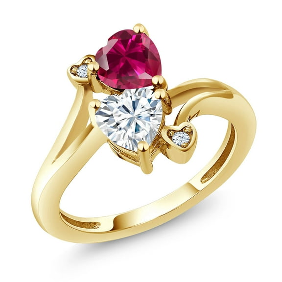 Gem Stone King 18K Yellow Gold Plated Silver Red Created Ruby White Moissanite Ring for Women (1.79 Cttw, Heart Shape 6MM, Gemstone July Birthstone, Size 8)