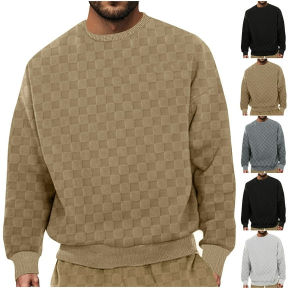 safuny Men's Workout Plaid Pullover Fashion Crew Neck Sweatshirts Long Sleeve Tops Loose Shirts Big&Tall Casual Knitted Sweaters Beige L