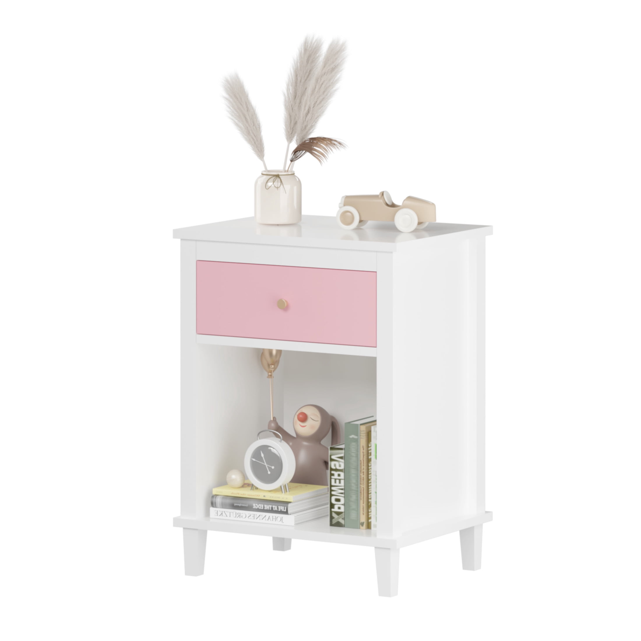 Noble House 26.8" Kids and Adults Wooden Nightstand, 1-Drawer  Bedside Table with Shelf, Silver Handle, White & Pink