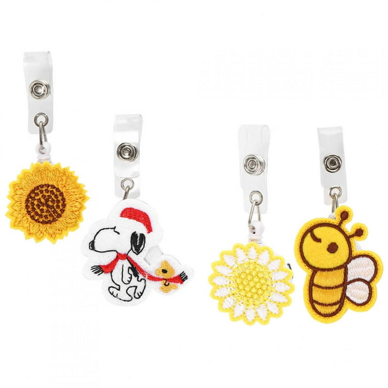 4Pcs Embroidery Cartoon Badge Reel ID Name Card Badge Holder Sealing Clip  Gifts Home Office SuppliesLittle Bee (1) + Sunflower (1) + Sunflower (2) +  Scarf Dog 