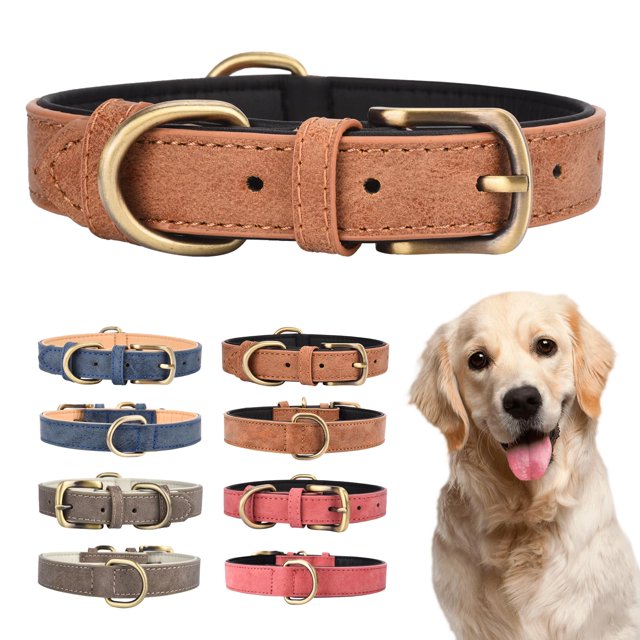 Collar de piel de ébano para perros grandes, acolchado y ajustable