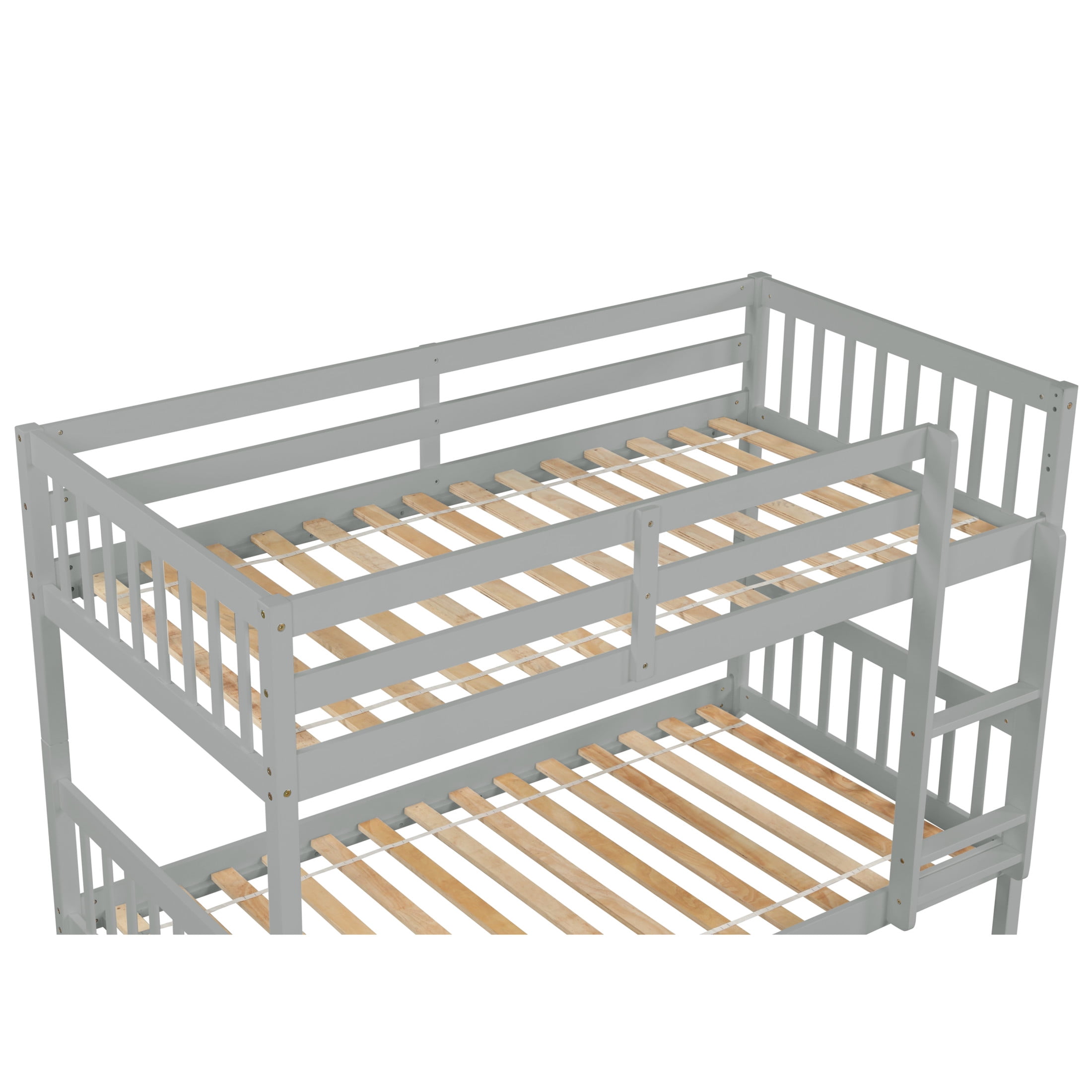 Noble House Twin Over Twin Bunk Bed with Trundle, Rubber Wood Frame with Ladder and Guardrails, Convertible, Grey