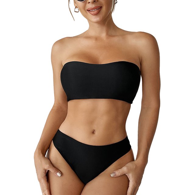 2 pack mujeres bikini traje de baño backless ahueca hacia fuera Correas color puro para las verano negro XL