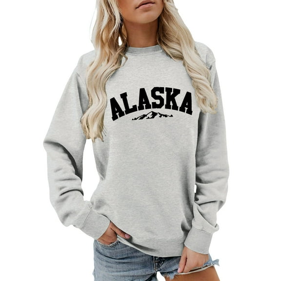 Womens Alaska Sweatshirt Retro Mountain Graphic Long Sleeve Crew Neck Pullover Casual Lightweight Tops
