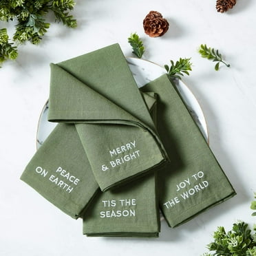 Elrene Joyful Sentiment Christmas/Holiday Embroidered Napkins, Set of 4 - 17x17 Pine
