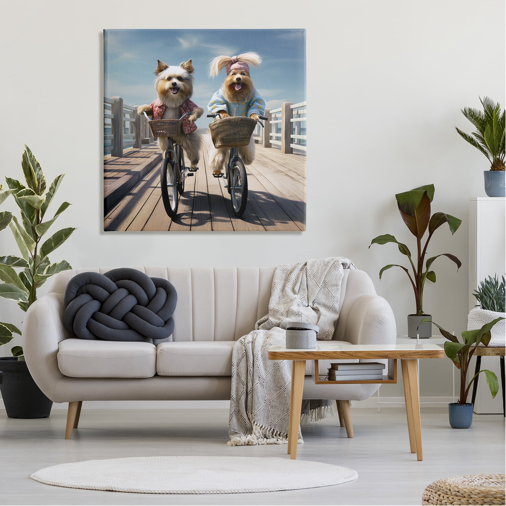 Stupell Industries Dogs on Bicycles on Pier Animals & Insects Painting Gallery Wrapped Canvas Art Print Wall Art, 36 x 36