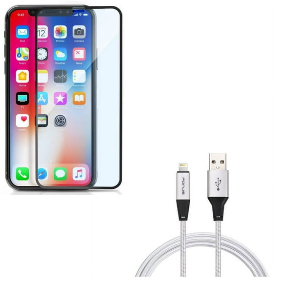 iPhone XS/X - Anti-Glare Screen Protector w Charger Cord 10ft USB Cable - Tempered Glass Matte 3D Curved Edge Anti-Fingerprint Case Friendly, Power Wire Braided Long Sync Fast Charge