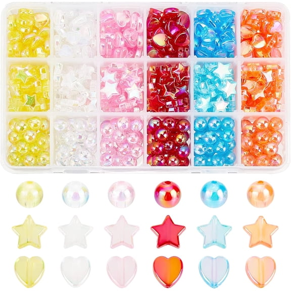 PH 690pcs Acrylic Beads 8mm 10mm Round Loose Beads AB Color Rainbow Beads Star Spacers Heart Candy Beads for Bracelet Necklace Earrings Keychain DIY Jewelry Craft Making 18 Styles Colorful