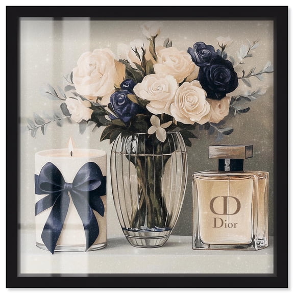 Ivory Perfume and Flowers in Vase Shadowbox Print Fashion Art Prints by Art Remedy, Black Frame, 12 x 12