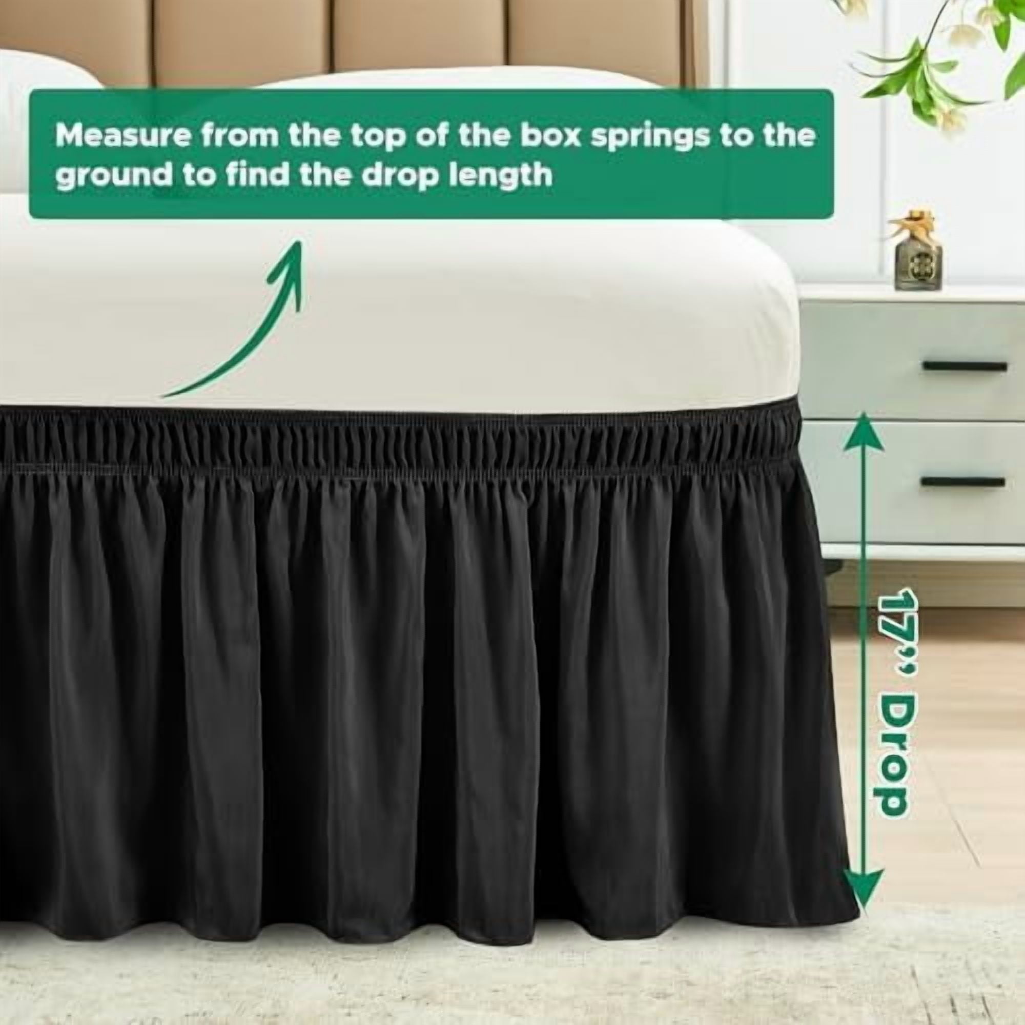 Wrap Around Bed Skirts for Queen Beds 17" Long Drop, Black Adjustable Elastic Dust Ruffles Easy Fit Wrinkle & Fade Resistant Silky Luxurious Fabric Solid Machine Washable