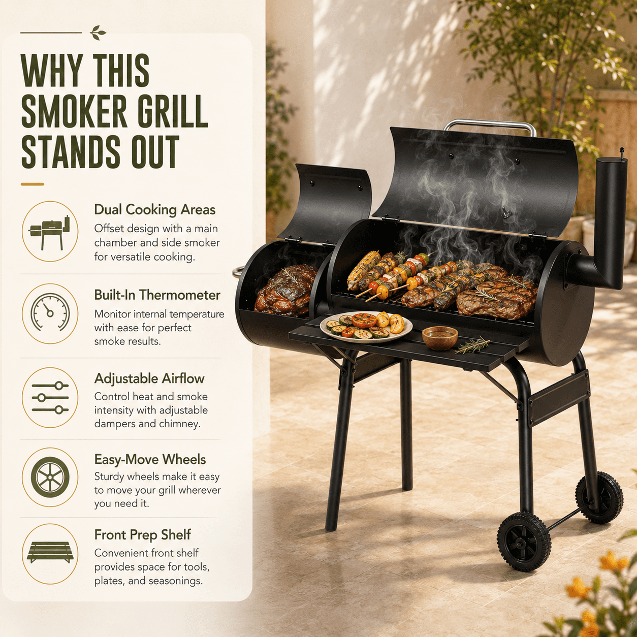 Smoker Grill, Outdoor BBQ Charcoal Grill W/2 Cooking Area, Portable Offset Smoker on Wheels for Patio Backyard Camping