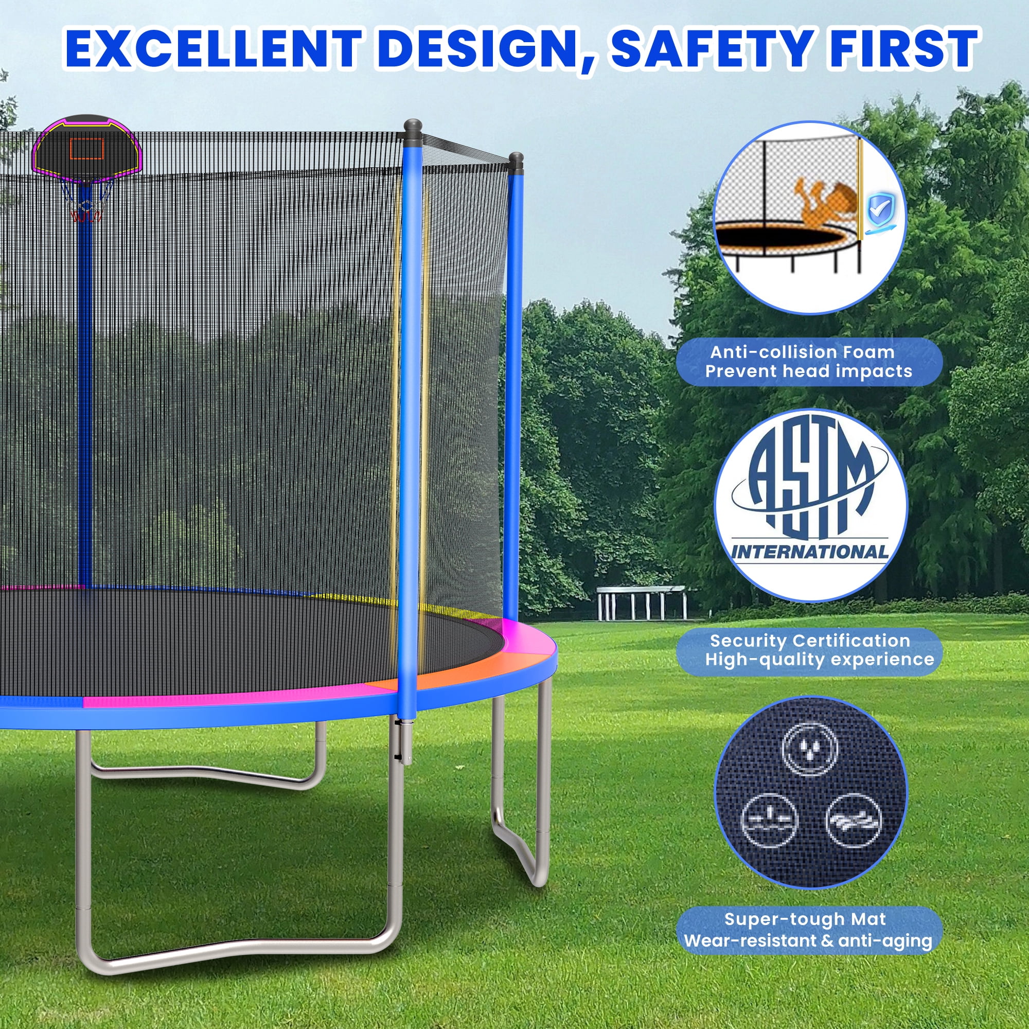 Outdoor Trampoline for Kids, Seizeen 12FT Kids Trampoline W/ Enclosure Net, Heavy-duty Rebounder Trampoline with Basketball Hoop, Ladder, Upgraded 4-W Support
