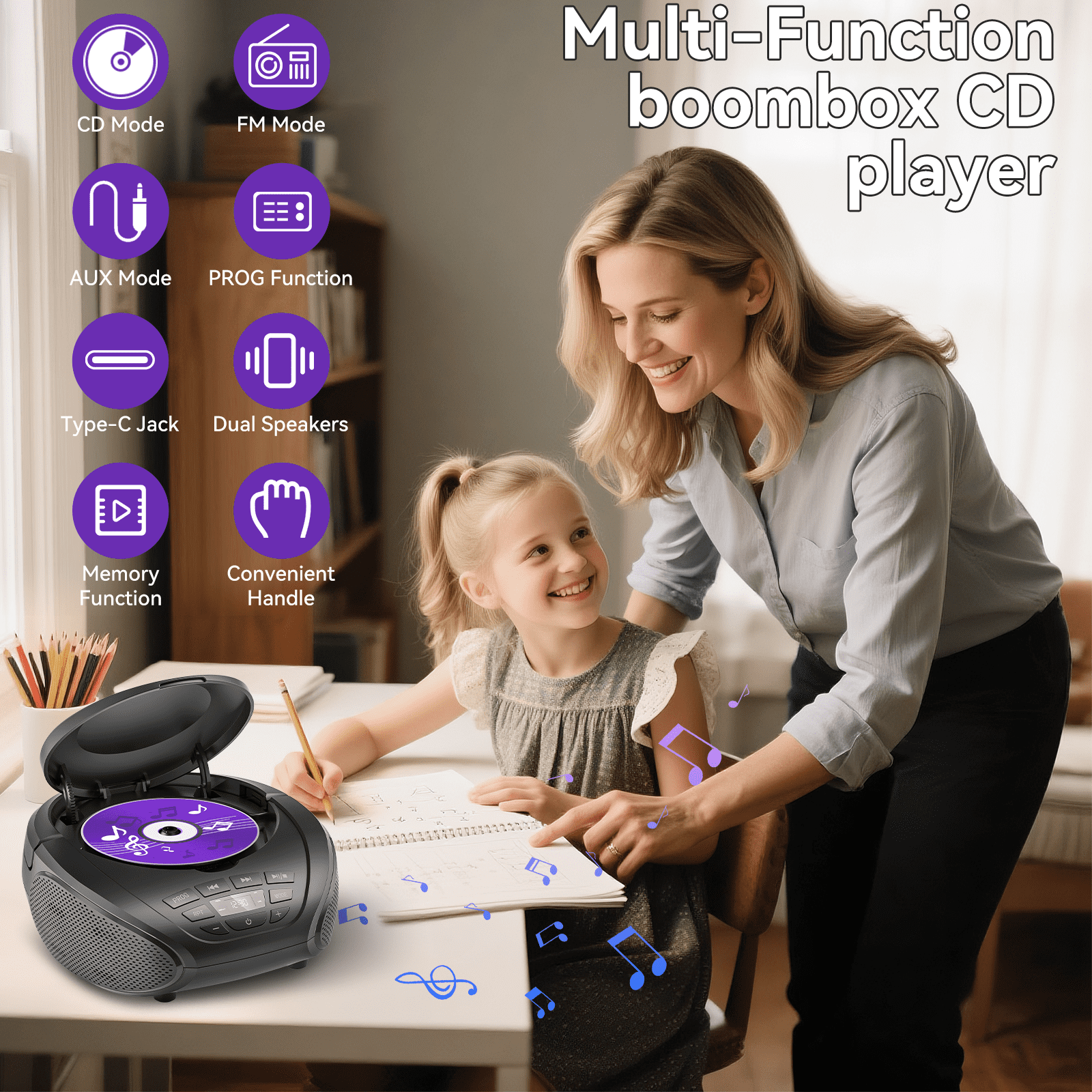 Gueray CD Player Portable Boombox: Home Audio CD Players with Speakers FM Radio AUX Input Support Headphones Playlist Mode PROG Playback for Outdoor Indoor