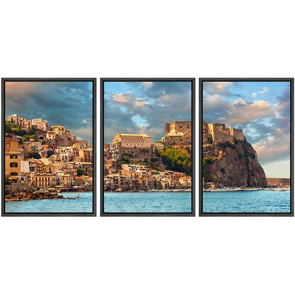 wall26 - 3 Piece Framed Canvass Wall Art - Scilla, Castle on The Rock in Calabria During Sunset, Italy - Modern Home Art Stretched and Framed Ready to Hang - 16"x24"x3 Black