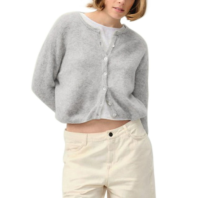 Gupgi Women's Knit Cardigan Solid Color Crewneck Long Sleeve Button Down Sweater Soft Lightweight Ribbed Coat Tops