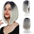 thumbnail image 2 of Adbnpza Half Wigs for Gray Women Human Hair Wig Bundles Party Wig Gradient Short Straight Hair Highlight Female Wig Cosplay Wig Realistic Straight with Flat Bangs Synthetic Colorful Cosplay, 2 of 9