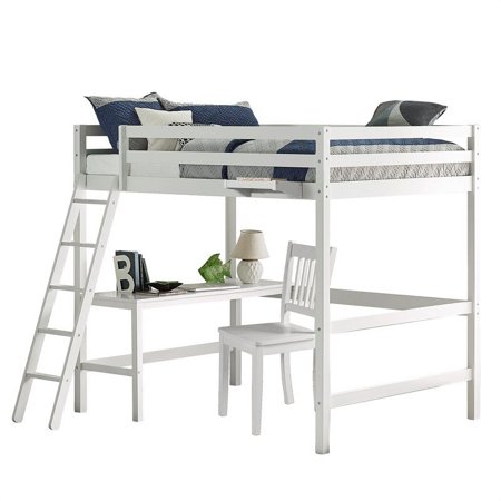 Ne Kids Caspian Wood Full Loft with Chair and Hanging Nightstand in White