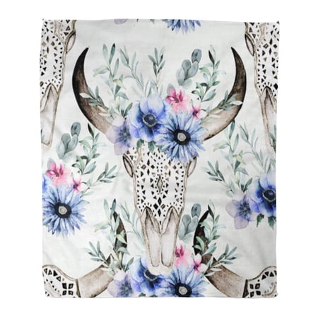 SIDONKU Throw Blanket Warm Cozy Print Flannel Watercolor Bull Head Flowers and Herbal Ornamental Skull on Comfortable Soft for Bed Sofa and Couch 50x60 Inches