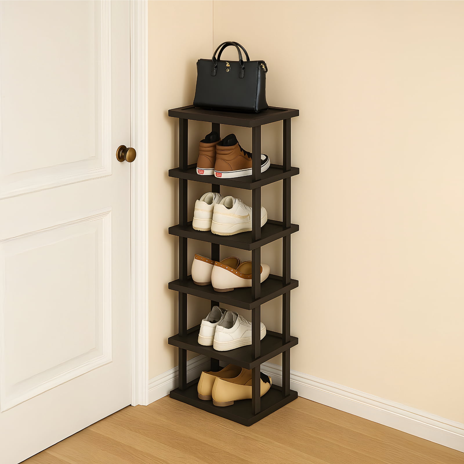 6-Layer Narrow Shoe Rack, Slim Vertical Bamboo Shoe Shelf, Space-Saving Design for Entryway, Fits Small Spaces, Sturdy, Adjustable Shelves, Ideal for Shoes, Bags