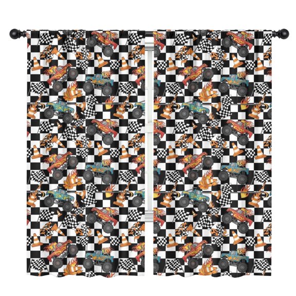 Blackout Kids Curtains,Monster Trucks with Checkered Flags Childrens Insulated Curtains Set Of 2,Bedroom Essentials,Toddler Room Decor 42"x84"