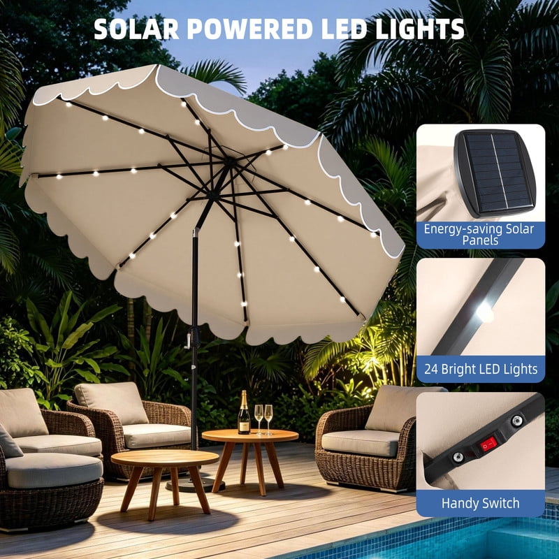 LIVIZA 10 Ft Solar Patio Umbrella with 24 LED Light, Outdoor Umbrella with 8 Reinforced Ribs for Garden, Backyard, Pool,Beige