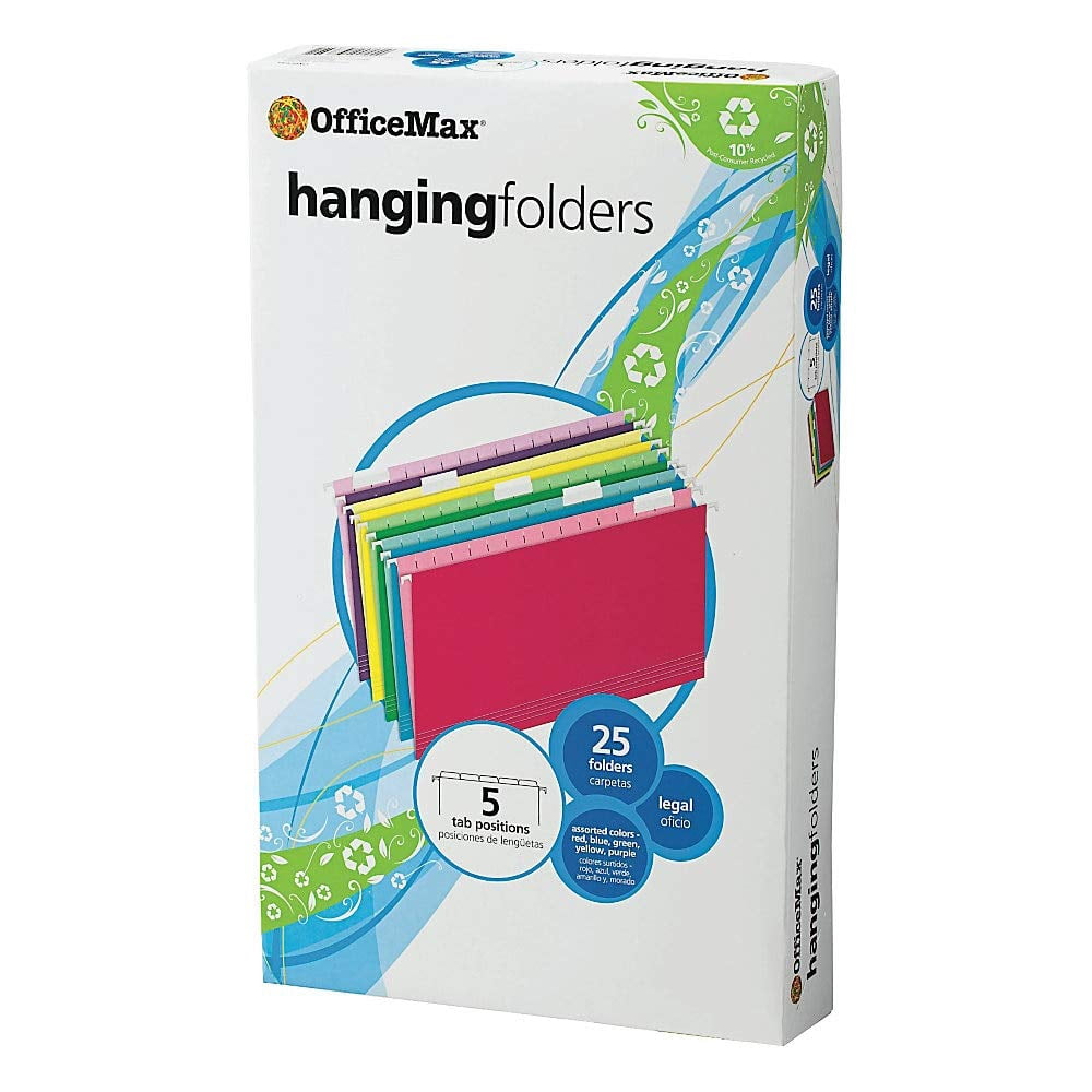 Office Depot Hanging Folders, 15 3/4in. x 9 3/8in., Legal Size, Assorted Primary Colors, Box Of 25, OM97649
