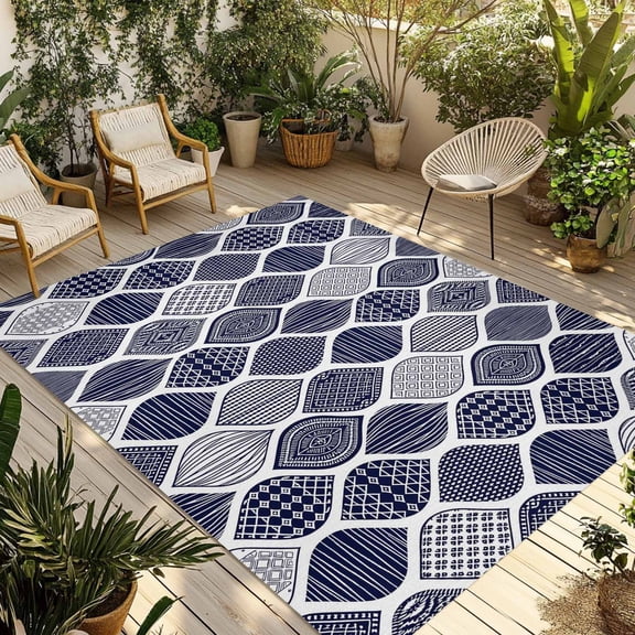 Blue Boho Outdoor Rug 4x6 Ft - Reversible Patio Rug Outdoor Camping Rugs, Vintage Country Ethnic Abstract Gingham Washable Indoor Outdoor Area Rugs, Non-Slip Outdoor Carpet Runner for Deck/Porch