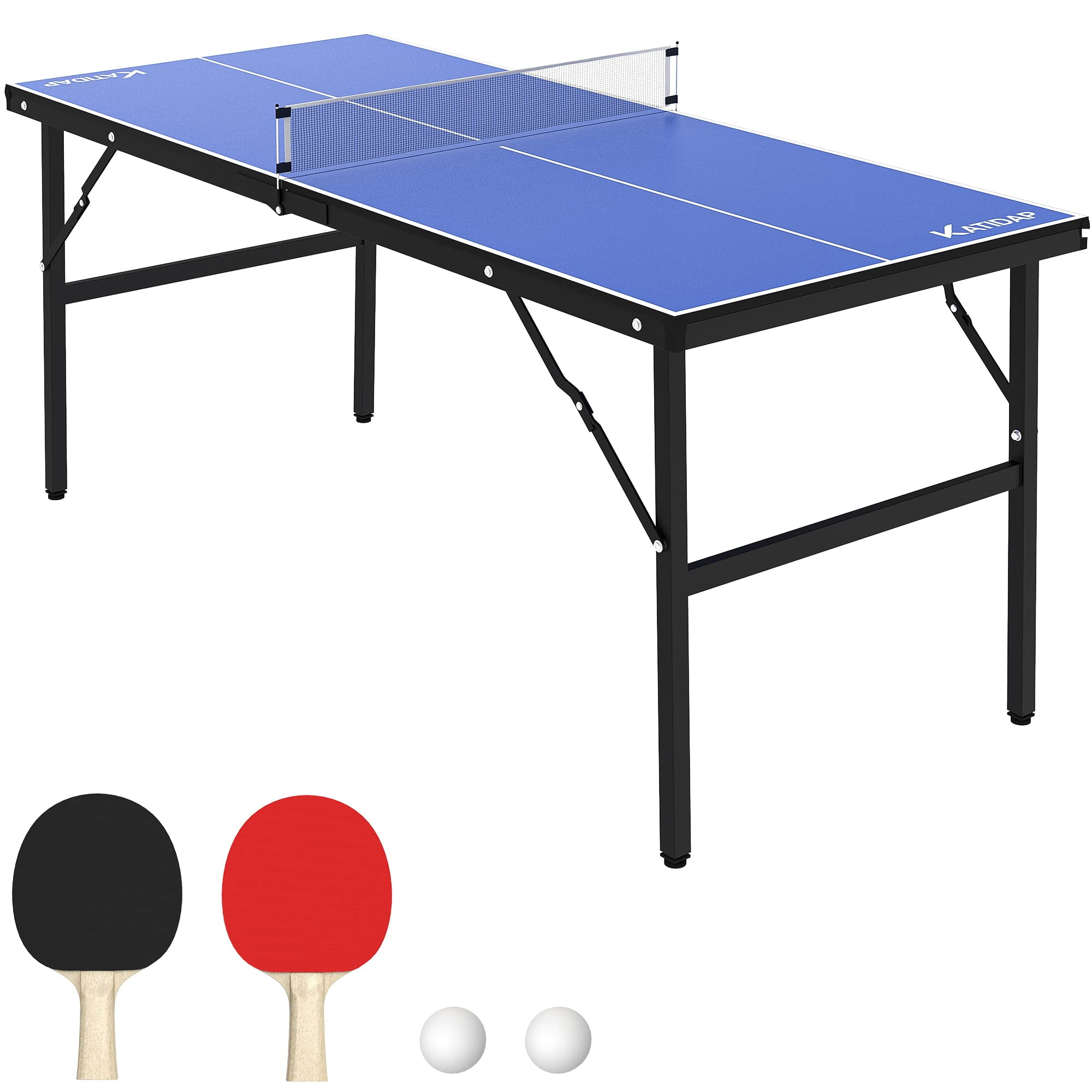 Portable Table Tennis Table, Mid-Size Ping Pong Table for Indoor Outdoor Foldable Table Tennis Table with Net, Blue, 60 x 26 x 27.5inch