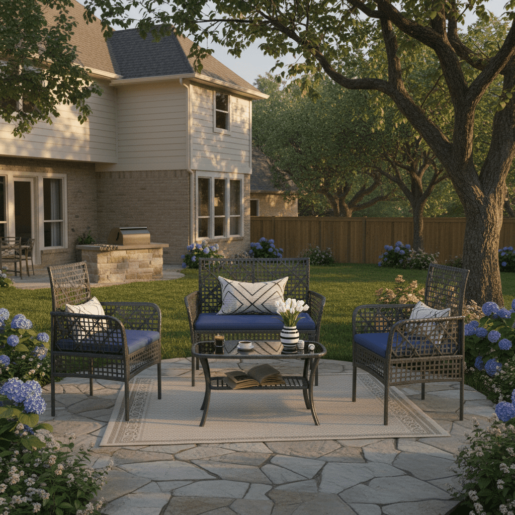 Segmart Patio Conversation Furniture Set,4-Piece PE Rattan Patio Furniture Set, Outdoor Conversation Set with Tempered Glass Table & Soft Cushions, All-Weather Blue Wicker Seating Group for Garden