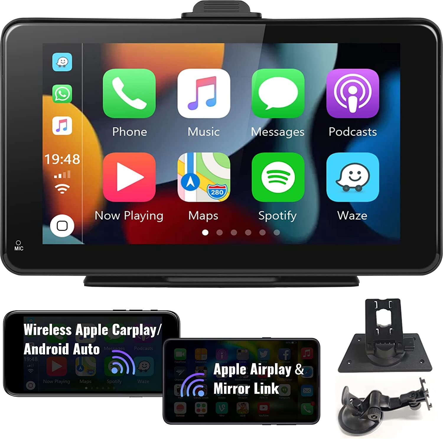 Podofo 7-32V 7" Portable Car Stereo Radio Wireless Apple Carplay Android Auto Mirror Link Dashboard Mounted/Suction Touch Screen Player FM Bluetooth AUX GPS Voice Control Type C