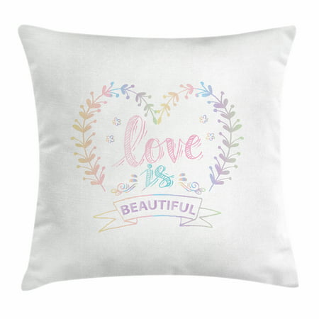 Romantic Throw Pillow Cushion Cover, Pastel Colored Spring Inspired Frame Branches in Heart Shape with Dreamy Look, Decorative Square Accent Pillow Case, 18 X 18 Inches, Multicolor, by