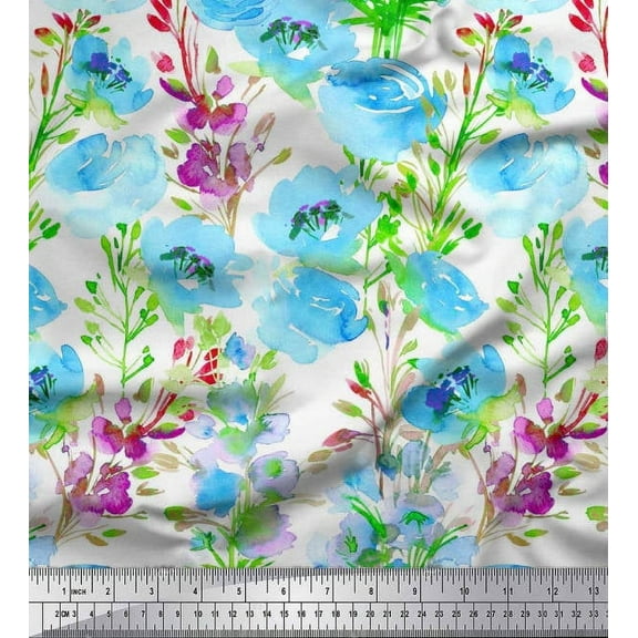 Soimoi Cotton Duck Fabric Flower & Leaves Watercolor Print Sewing Fabric Yard 42 Inch Wide