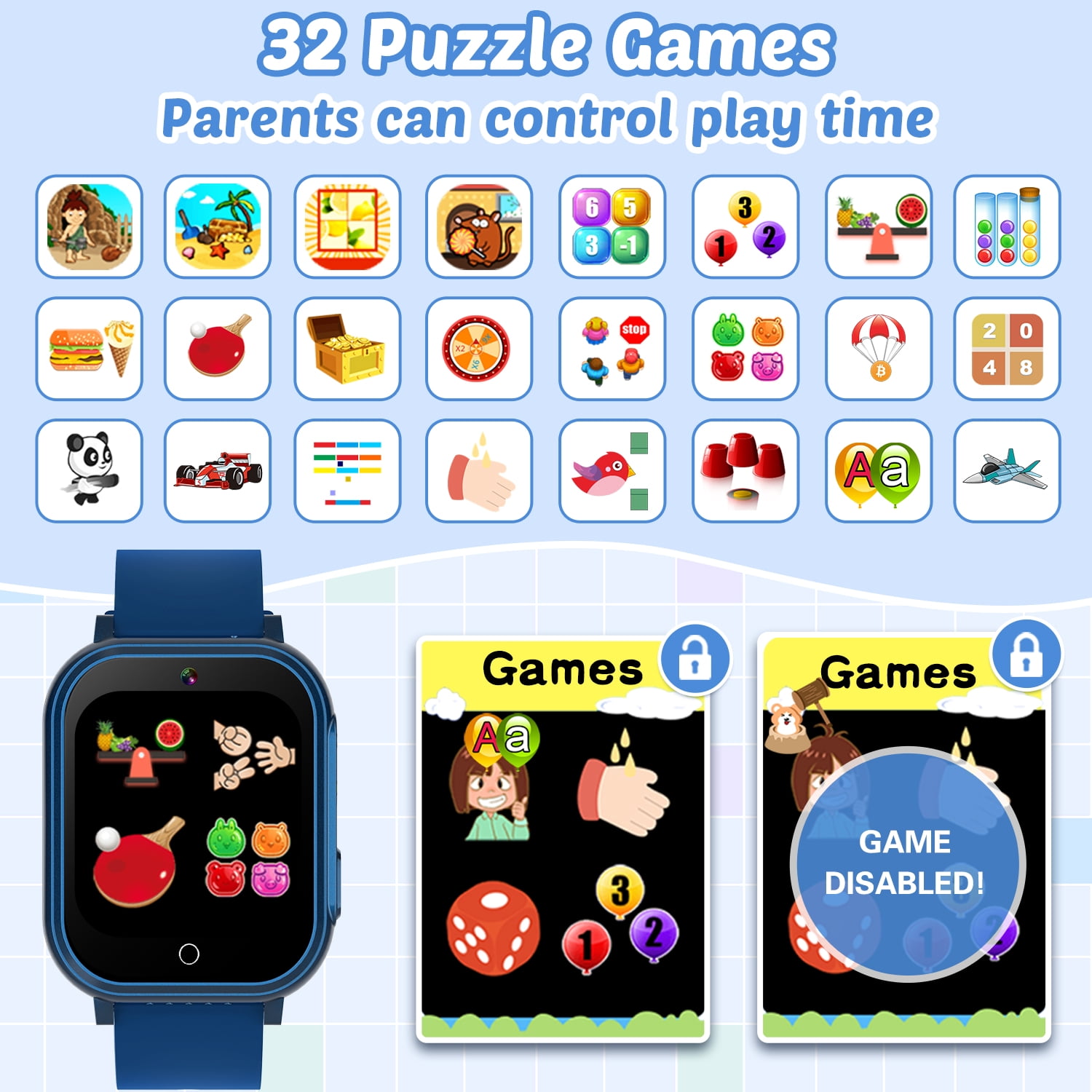 Vakzovy Waterproof Smart Watch for Kids Toys，Boys Age 5-12 with 32 Games, Dual Camera, Habit Tracking, Music Player, Video, Alarm Clock, HD Touchscreen Kids Smart Watch Birthday Gift for 3-12 Year Ol