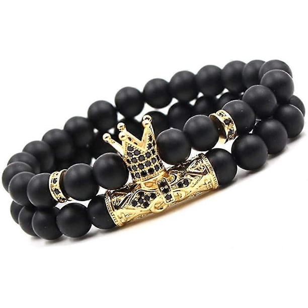 Pulseras de cuentas negras mate de 8 mm con piedra de ónix y corona de rey.