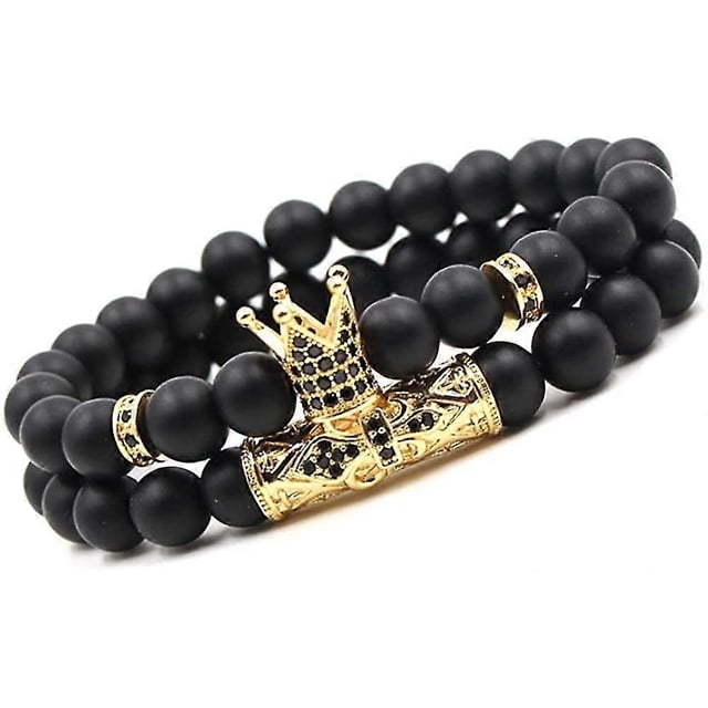 Pulseras de cuentas negras mate de 8 mm con piedra de ónix y corona de rey.