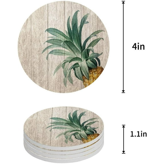 FMSHPON Pineapple on a Wooden Board Set of 8 Round Coaster for Drinks, Absorbent Ceramic Stone Coasters Cup Mat with Cork Base for Home Kitchen Room Coffee Table Bar Decor