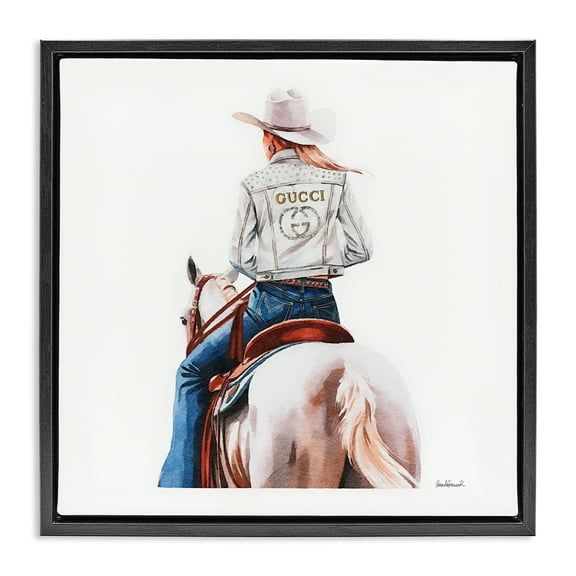 Stupell Industries Glitzy Cowgirl White Horse People Painting Black Floater Framed Canvas Art Print Wall Art, 18 x 18