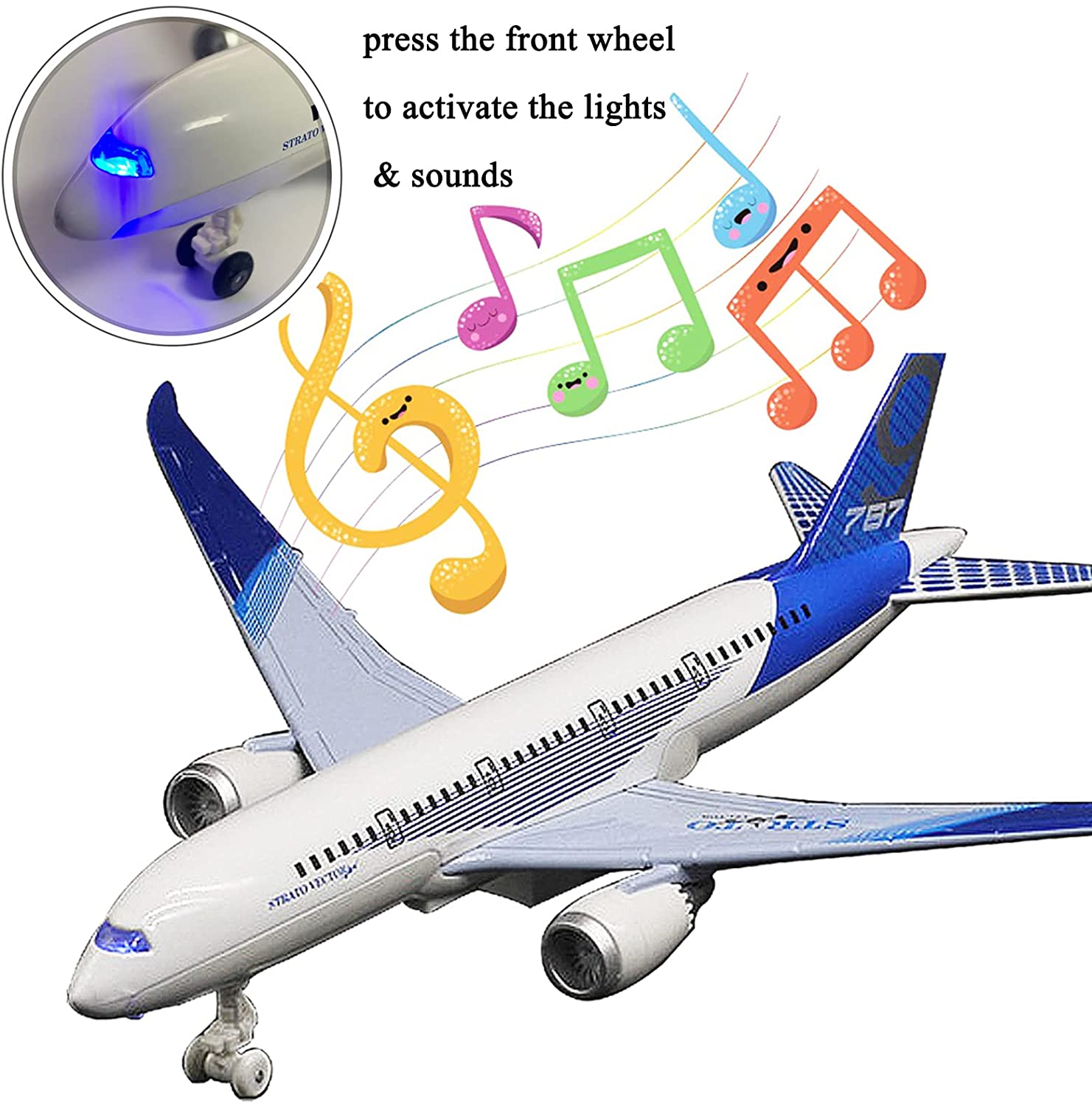 TYMZDYN 1 Pack Airplane Toys Bump and Go Airlines Die Cast Metal Model Plane Toy with Lights and Sounds for Kids Blue