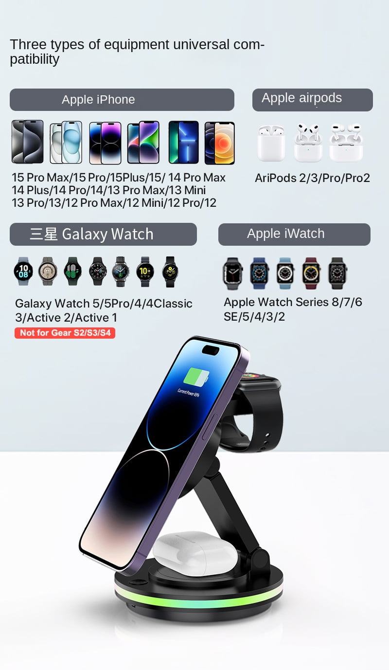 Magnetic three in one wireless fast charging dock, suitable for wireless charging of mobile phones, watches, and headphones, suitable for iPhone 15 14 13 12 11 Pro Max and Apple Watch iwacth AirPods