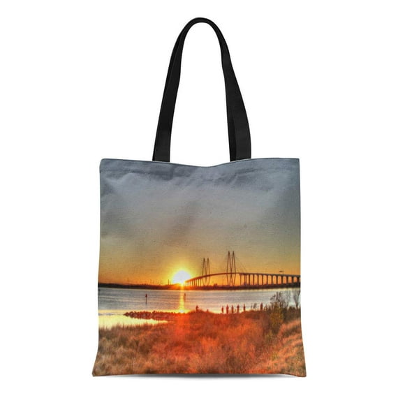 HATIART Canvas Tote Bag Sunset Fred Hartman Bridge Landscape View Scenic Reusable Handbag Shoulder Grocery Shopping Bags