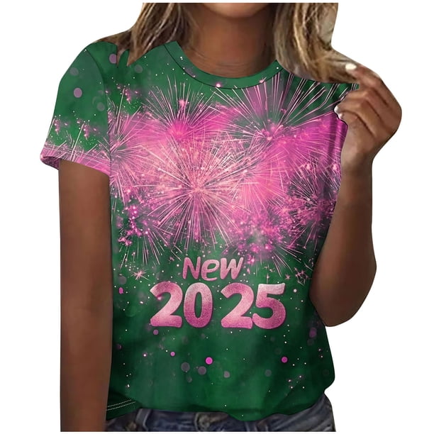 Camisetas Casuales de Mujer Año Nuevo Impreso Suéter de Manga Corta Cuello Redondo, Top de Moda para el Uso Diario