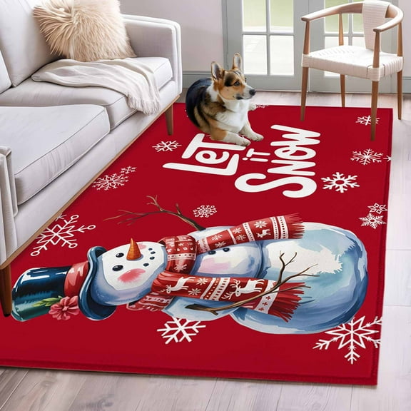 Red Christmas Snowman Area Rug 3x5 Washable Rug Non Slip Xmas Snowflakes Winter Deer Large Area Rug Indoor Floor Carpet for Entryway Bedroom Kitchen Living Room Home Office Dining Room Nursery