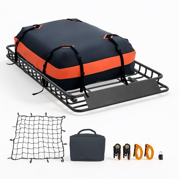 KFFKFF Roof Rack Cargo Basket, 54 x 34 x 4 in, Durable Roof Top Carrier with Waterproof Bag, Net, Straps, 200 lbs Load Capacity, Universal Luggage Holder for SUVs, Trucks, and Cars
