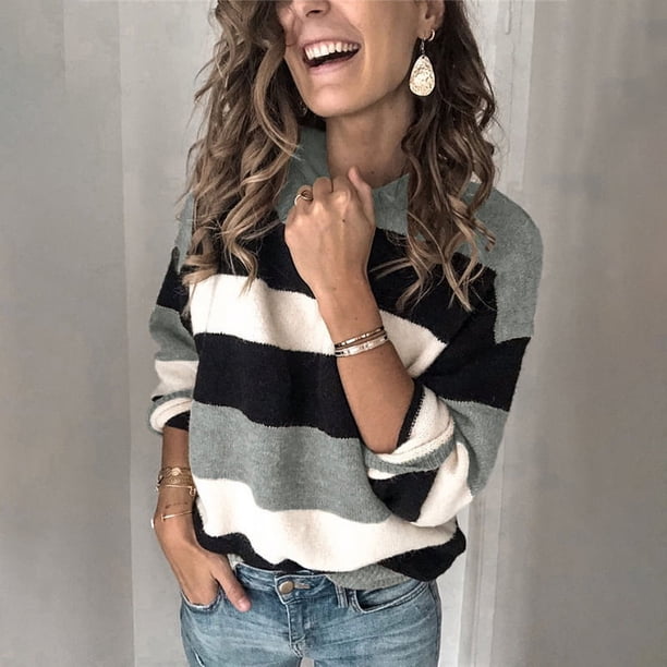 Suéter de punto con rayas de colores contrastantes para mujer, suéter holgado de estilo europeo y americano para otoño e invierno