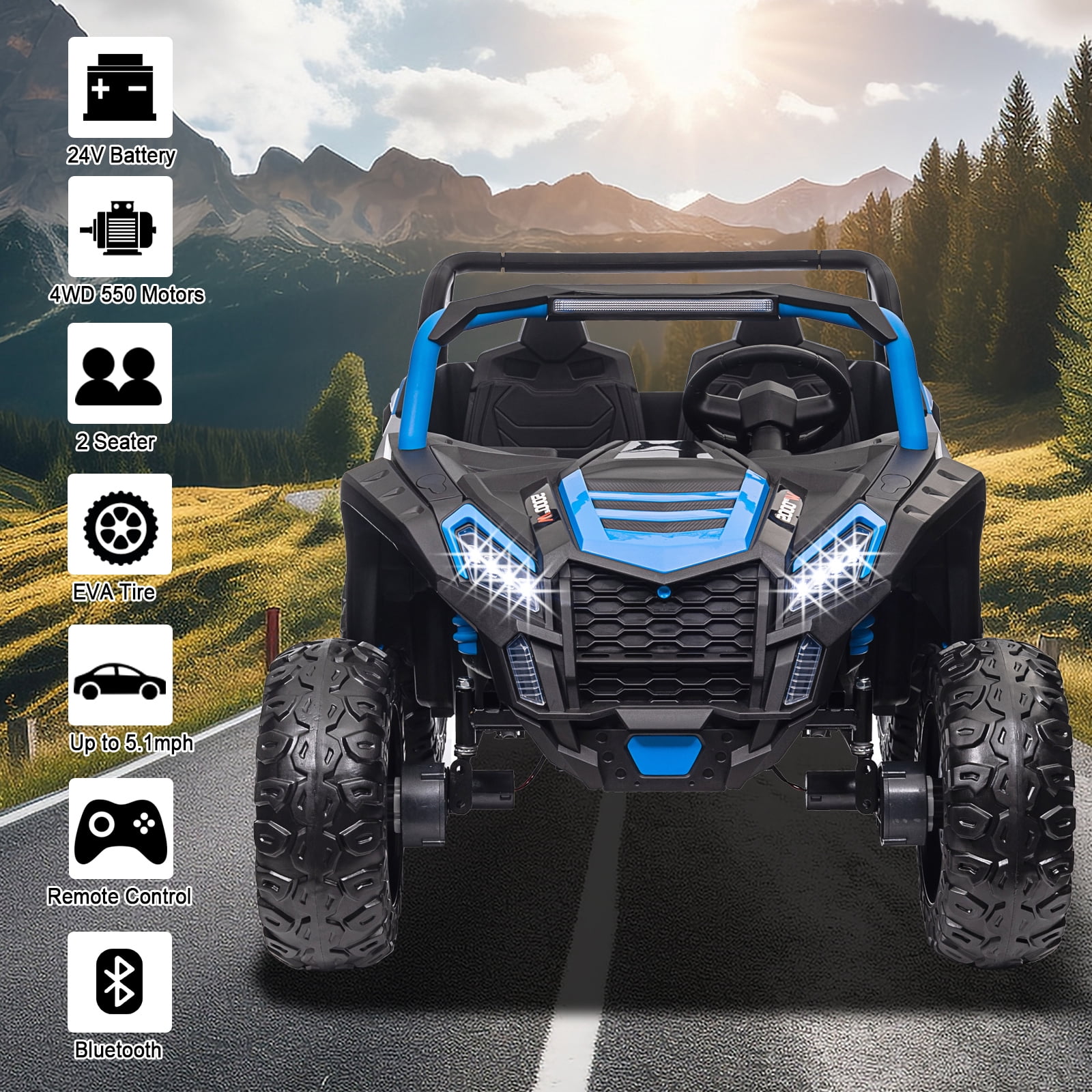 LUIBAS 24V 4WD 2-Seater Battery Powered Ride On Car XXXL Ride On Toys for Big Kids Electric UTV Off-Road Truck Vehicles with Remote Control, EVA Rubber Tires, Bluetooth for Kids 3-12 Year, Blue